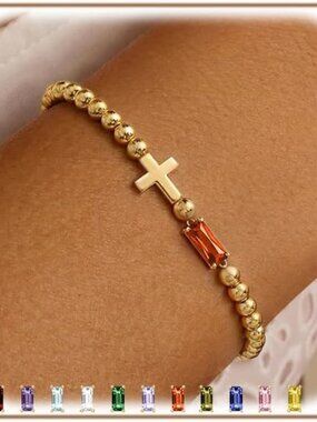 Trendy Gold Cross Charm Birthstone Bracelet for Women - 6.9 Inch Stretch Design